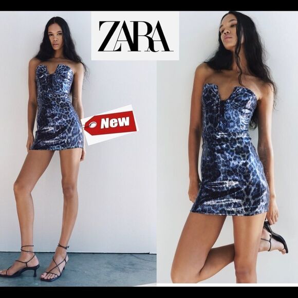 ZARA Festive Days Blue sequin leopard print strapless minidress Sz S NWT - Picture 1 of 14